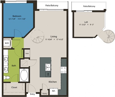 Floor plan for 1 bed, 1 bath, 949 sqft